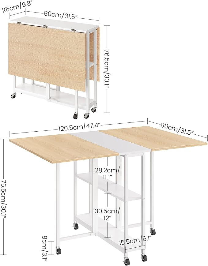 Folding Dining Table, Movable Dining Table, Kitchen Table for Small Space, Foldable and Expandable Desk Furniture with 6 Wheels, for Dining, Living Room, Apartment, White and Natural TCZ01WN - Image 3