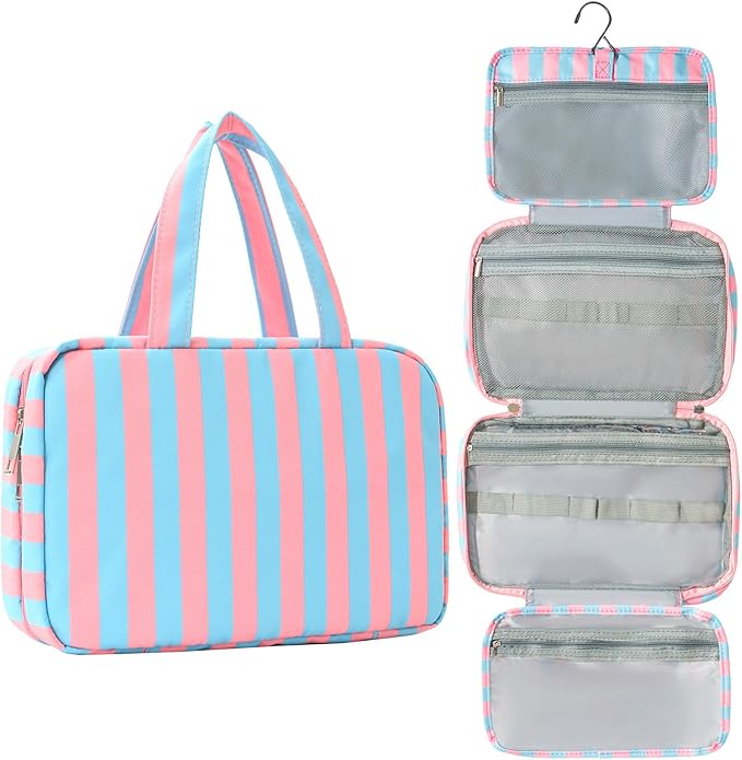 Toiletry Bag for Women Travel Water-resistant Cosmetic Bag Fashion Stripes Makeup Bag with Hanging Hook Preppy for Store Toiletries Cosmetic Accessories Medium Rose Red by Unknown