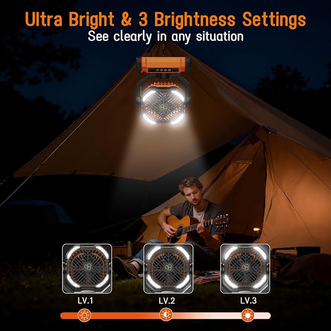 Camping Fan Rechargeable, Large Capacity Battery Powered Fans - Orange | LED Light, 4-Speed, Cordless, Hanging Hook, 270° Adjustable, Quiet, Lightweight, Battery Operated Fan for Tent Beach Outdoor - Image 4