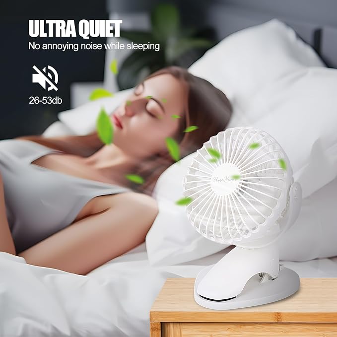 Portable Clip Fan Battery Operated,3 Speeds USB Rechargeable Mini Table Fan with Strong Airflow,360°Rotation Ultra Quiet Personal Desk Fan for Home Office Bedroom Dorm Stroller Camping(White) - Image 5