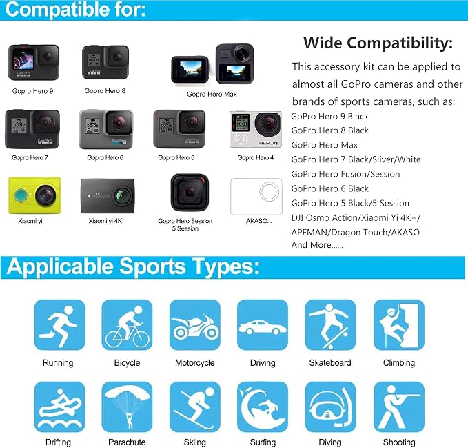 60 in 1 Action Camera Accessories Kit for GoPro 13 12 10 9, Insta360, DJI | Compatible with GoPro Hero 8 7 6 5 , AKASO，Campark APEMAN Action Cams - Image 6