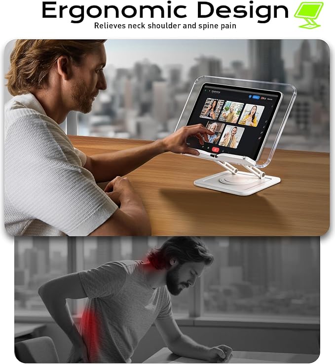 LOXP Ergonomic Book Stand for Reading, 360° Rotating Holder with Page Clip | Adjustable height angle, Hands-free, anti-slip base, Fits tablets cookbooks magazines laptops, wood and metal, Acrylic White - Image 2