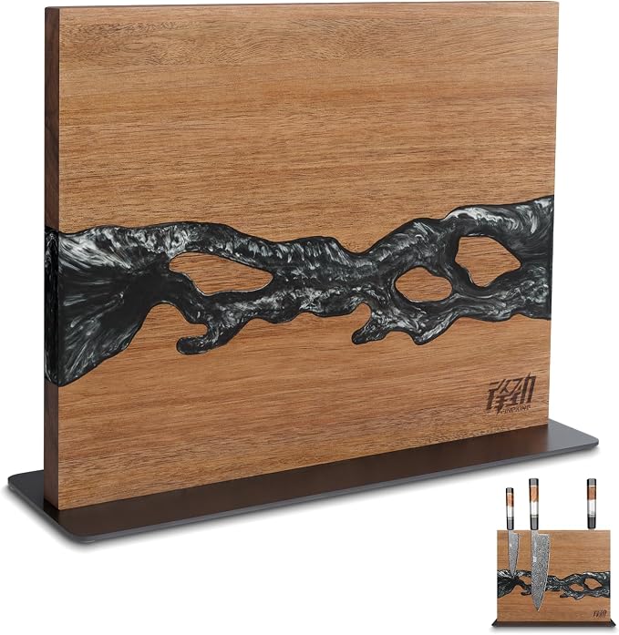 Magnetic Knife Block, Double-Sided Knife Holder with Strong Magnets, Acacia Wood and Black White Resin, Countertop Kitchen Knife Storage Stand (12 × 10 Inches, Without Knives) by FINDKING