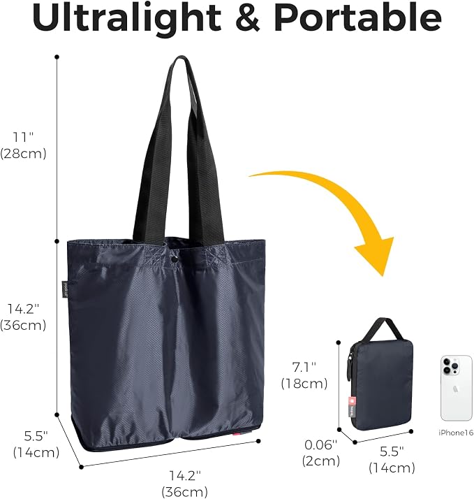 pack all 16L Foldable Shoulder Tote Bag, Lightweight Grocery Shopping Bag | Ultralight, Packable, Water Resistant, Tear Resistant Nylon, Zipper Closure, Compact for Travel, Work and Camping, Navy - Image 8