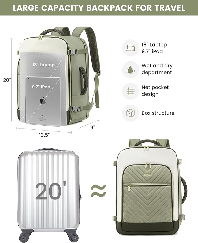 LOVEVOOK Large Travel Backpack for Women, TSA Carry on Backpack for Airplanes, 50L Personal Item Travel Bag for Women fits 17" Laptop,Waterproof Carry on Bag Airplane Approved with 3 Packing Cubes - Image 3