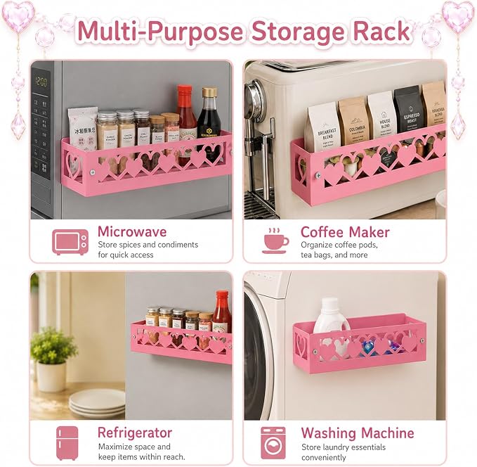 OYEFLY Pink Heart Magnetic Spice Rack for Refrigerator, Metal Magnetic Shelf Basket, Cute Fridge Organizer and Storage, Pink Kitchen Accessories for Spice Storage, Cabinet or Laundry Room (1) - Image 4