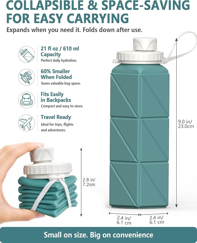 BEAUTAIL Collapsible Water Bottles 21oz/610mL, Silicone Travel Water Bottle | BPA Free, Leakproof & Reusable, Foldable Water Bottle for Traveling, Hiking, School, Sports, Outdoor, 2-Pack, Blue+Starlight - Image 2