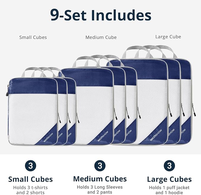 9 Set Compression Packing Cubes for Travel - Compressible, Lightweight, and Space-Saving Packing Cubes, Travel Essentials for Women, Navy - Image 3