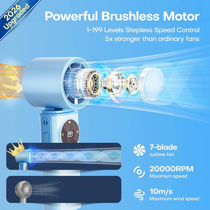 6000mAh Portable Handheld Fan with Ice Cooling, 199 Levels Stepless Speed, 20H Long Battery Life, 20000RPM Turbo Fan Rechargeable Personal Mini Fan for Travel, Outdoor, Makeup (Blue) - Image 3
