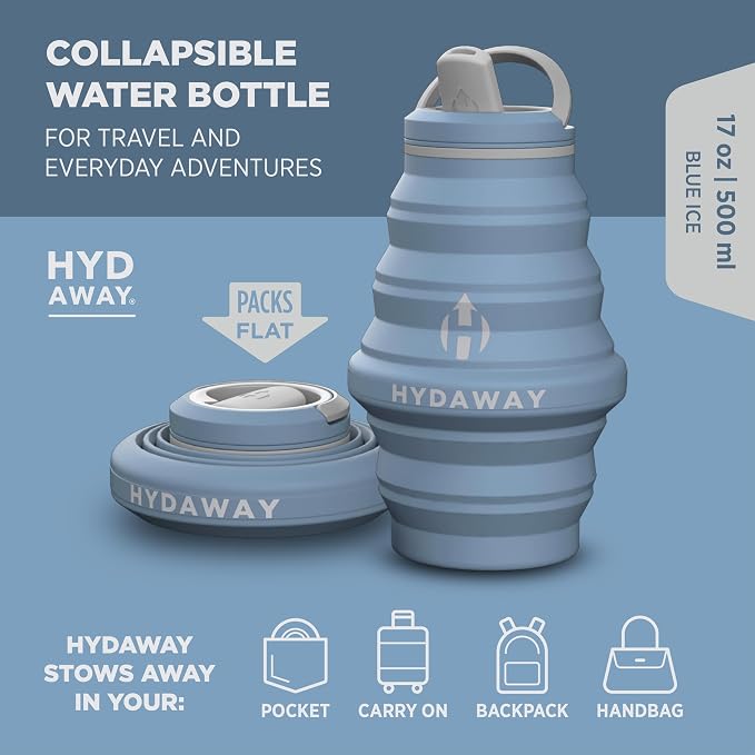 HYDAWAY 17oz Collapsible Water Bottle, Packable Leakproof for Travel | Travel-first design. Fold flat to 1.5 in for carry-ons, purses, seatbacks. Leakproof, BPA-free, dishwasher safe. - Image 2