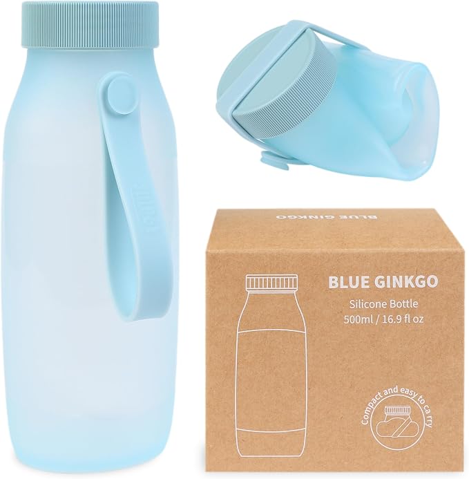 BLUE GINKGO Collapsible Water Bottle – Lightweight, Foldable Silicone Bottle for Travel, Hiking, and Camping (16.9oz, Made in Korea, Blue) by BLUEGINKGO