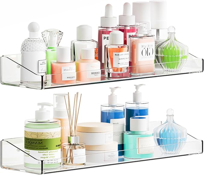 2 Pack Clear Shower Shelves for Tile Walls,Adhesive Acrylic Bathroom Shelves Organizer and Storage,No Drill Acrylic Shower Wall Caddy & Shelf,Floating Shelves for Makeup,Perfume,Shampoo Holder by Yieach