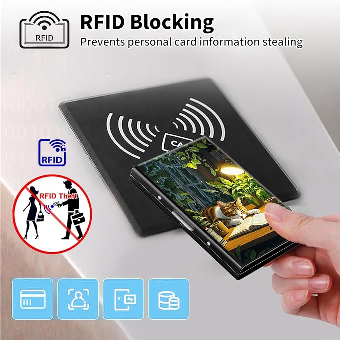 Metal Wallet,Credit Card Holder for Women Men,RFID Blocking Card Holder Mini Slim Aluminum Wallet ID Case Hard Case Business Card Holder Case,Cat Book Plant - Image 3