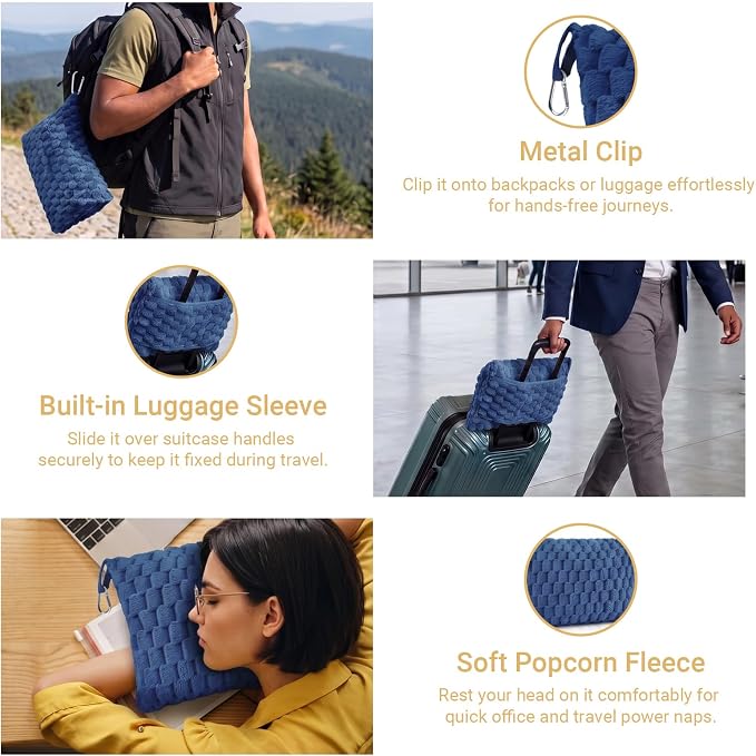 Travel Blanket with Bag, Soft Fleece Portable Airplane Blanket, Navy Blue | Soft fleece travel blanket 50x60in grey. 5-in-1: pillow, lumbar support, shawl, hand warmer. Washable, luggage sleeve, clip. - Image 5