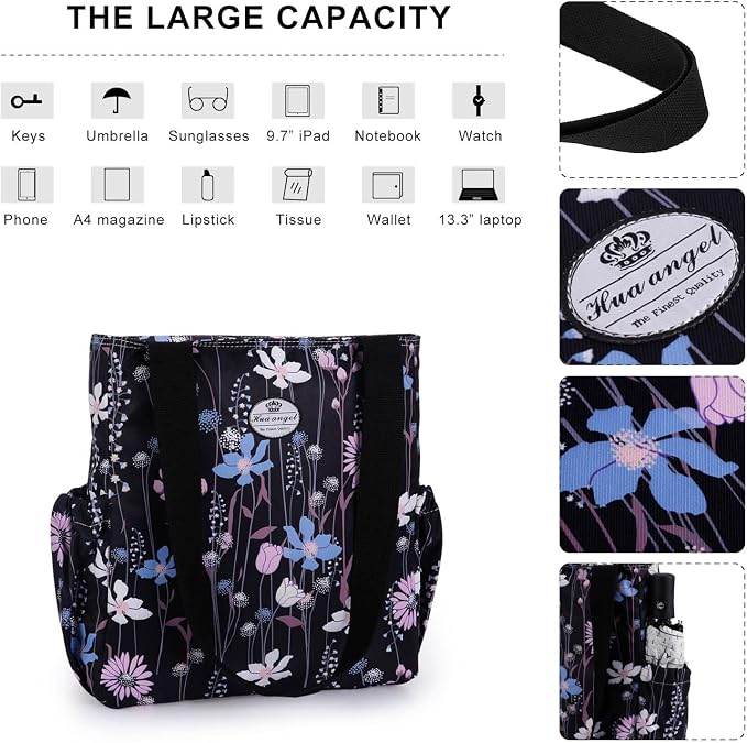 HUA ANGEL Floral Tote Bag - Casual Shoulder Bag Daily Tote Bag with Zipper Gym Travel Shopping Work Handbag for Women - Image 4