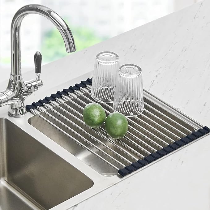 Seropy Roll Up Dish Drying Rack Over the Sink Drying Rack for Kitchen Counter, Rolling Dish Rack Over Sink Mat, Foldable Dish Drainer Stainless Steel Rack Kitchen Organization Gadgets 17.5"x11.8" by SeropyDirect
