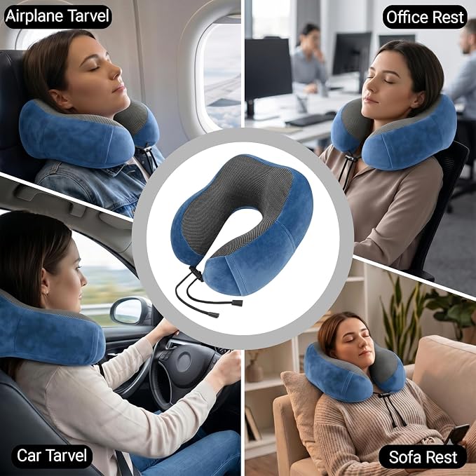 Travel Neck Pillow, 100% Memory Foam, U-Shaped with Storage Box, Blue | 100% memory foam with 360-degree support & adjustable buckle. Compact storage box. Machine washable cover. Fits all necks. - Image 4
