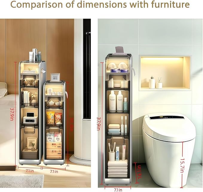 BGYMF 4-Tier Narrow Slim Bathroom Storage Cabinet,Movable,White | ABS and PP,with Wheels and Drawers,Large Storage Capacity,Water Resistant,Toilet Paper Holder,for Small Spaces - Image 2