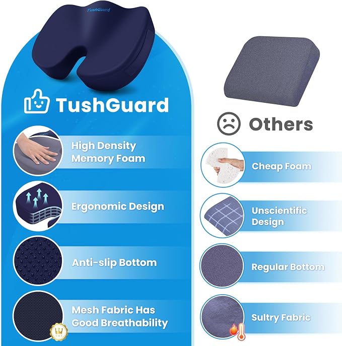Memory Foam Seat Cushion for Office Chair, Car Seat, Blue, XL | Office Chair Cushion for Car, Airplane - Chair Pad for Long Sitting Sciatica, Hip, Coccyx,Tailbone Pain Relief, Butt Pillow - Image 6