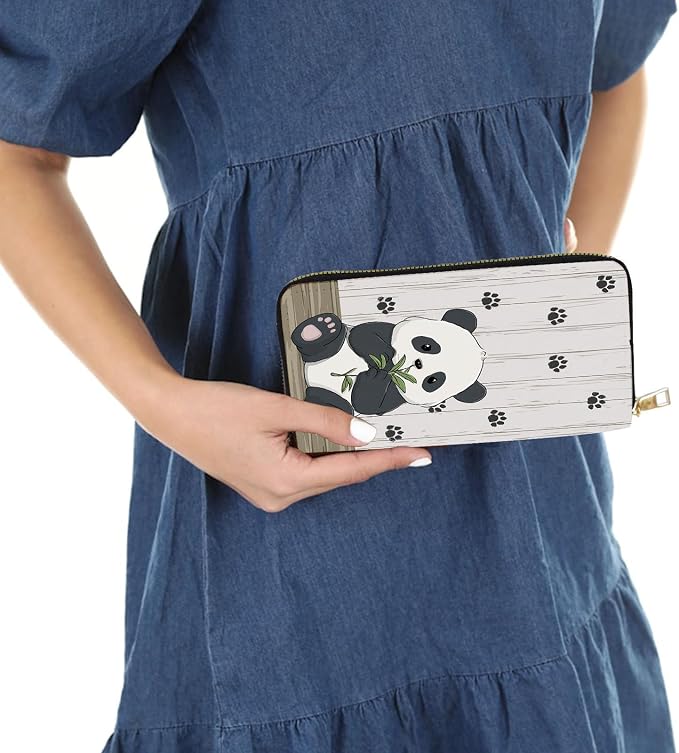 Women's RFID Blocking PU Leather Zip-Around Wallet, Large Capacity Clutch with Phone Holder, Travel Purse & Card Organizer with Removable Wristlet,Panda paw prints - Image 6