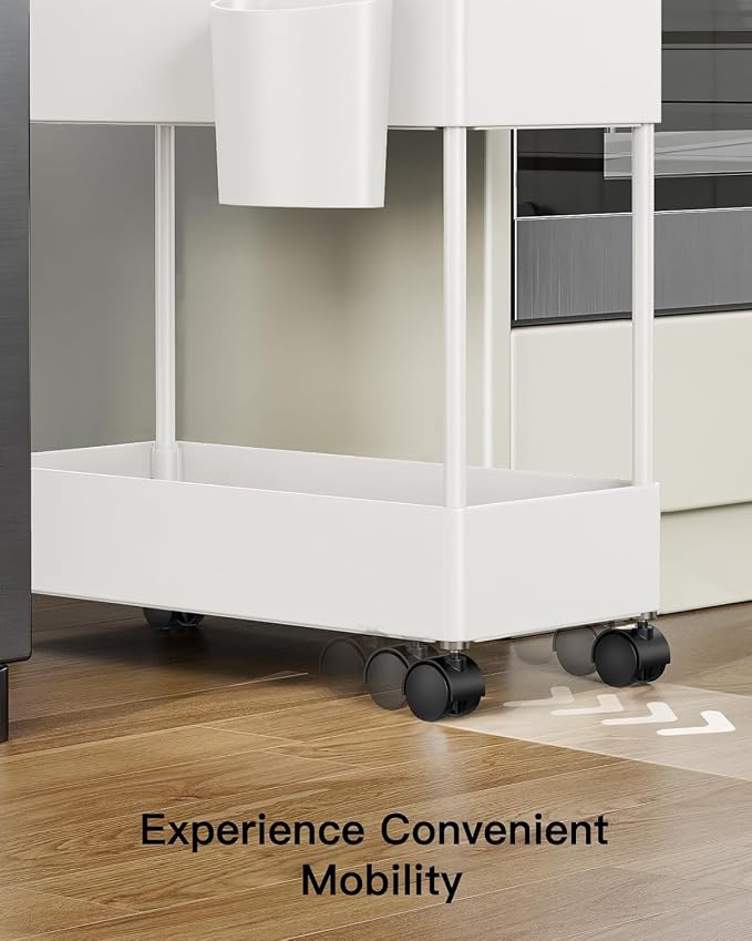Pipishell 3 Tier Slim Storage Cart with Wheels, Bathroom Cart, White | 7.1 inch Wide - Fits Narrow Spaces, Storage Cup and 6 Hooks, Ventilation Holes, Durable ABS Material, Detachable Wheels - Image 7