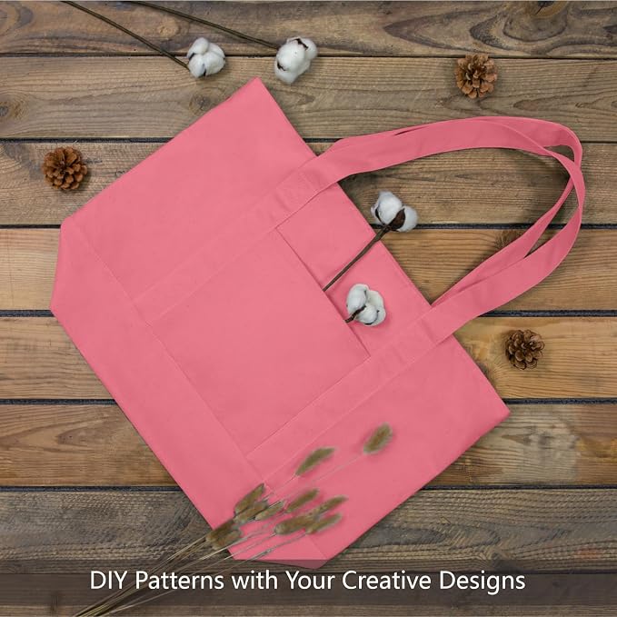 TOPDesign 1-Pack Canvas Tote Bag with an External Pocket, Reusable Grocery Shopping Bag, Top Zipper Closure, Daily Essentials (Rose Pink) - Image 4