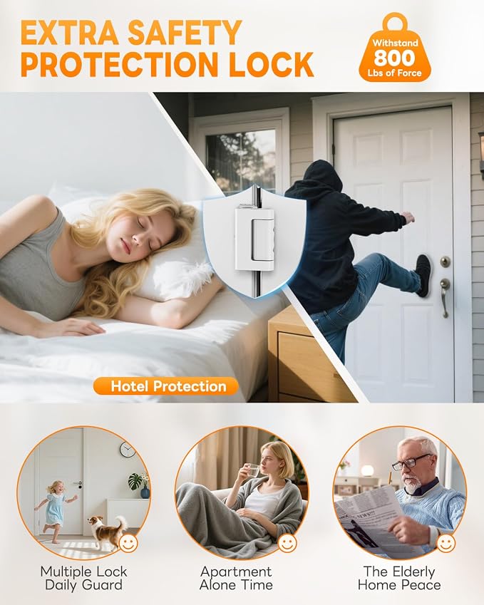 Portable Door Reinforcement Lock for Travel & Home, No Screws Instant Install Safety Lock for Inward Swing Front Door, Hotel, Apartment - Extra Latch from Inside Withstand 800lbs (White-3PCS) - Image 8