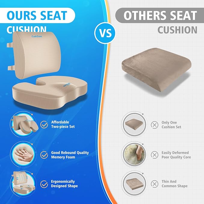 CushZone Seat Cushion and Lumbar Support Pillow for Office Chair, Khaki | Ergonomic Memory Foam for Sciatica Pain Relief & Posture Correction, Non-Slip Chair Cushions for Car, Wheelchair and Travel - Image 8