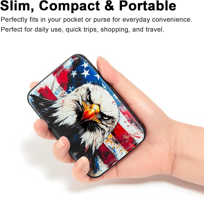 Credit Card Holder, Metal Card Wallet RFID Blocking Mini Slim Aluminum Business Hard Card Case for Women Men (Bald Eagle with American Flag) - Image 5
