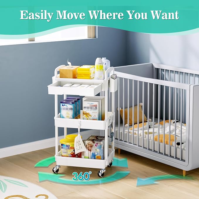 SUNALLY 3 Tier Rolling Cart with Drawer, Craft Storage Cart Organizer,White | Bathroom Storage Organizer with 2 Lockable Wheels, Rolling Utility Cart for Kitchen, Office, Baby, Makeup, Nail,Snack,Laundry - Image 5