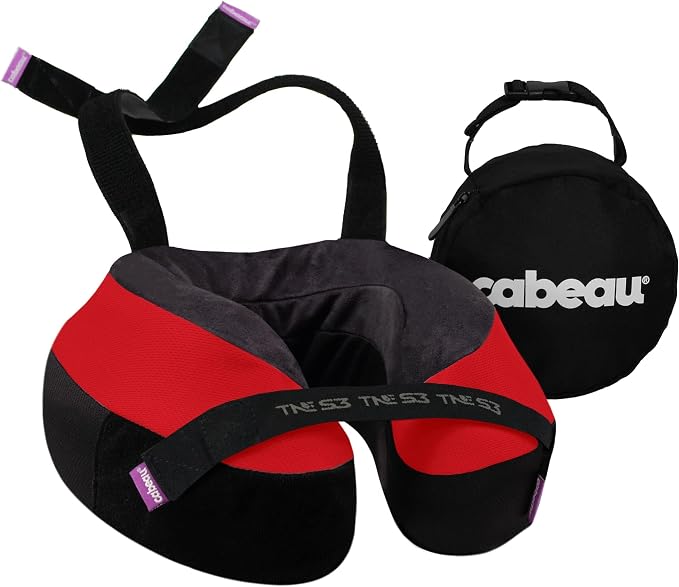 Cabeau Travel Neck Pillow for Airplanes – The Neck’s Evolution, TNE S3 – Supportive Memory Foam Design for Long Haul Flights – Attachable Seat Straps and 360° Support (London Red) by Cabeau