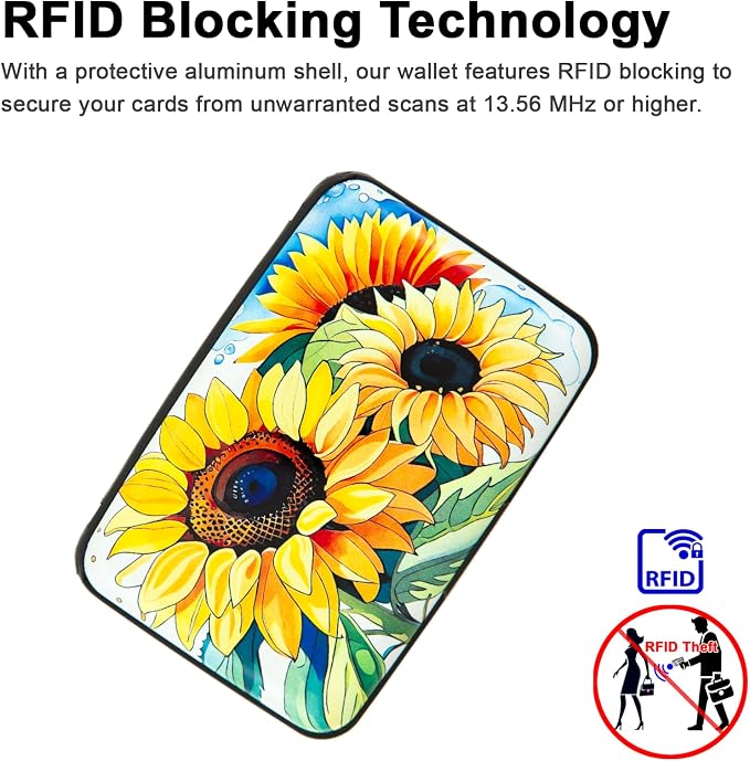 Credit Card Holder, Metal Card Wallet RFID Blocking Mini Slim Aluminum Business Hard Card Case for Women Men (Watercolor Sunflower) - Image 3