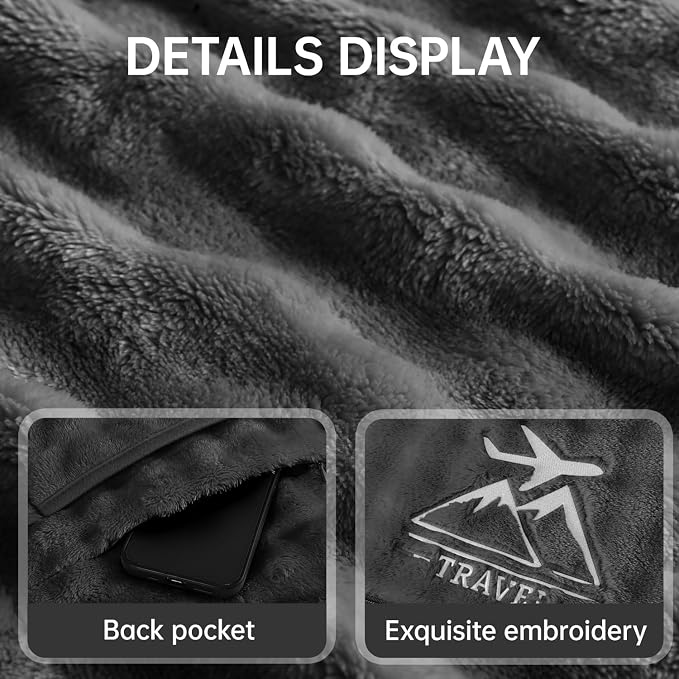 Travel Blanket and Pillow-2-in-1, Ultra-Soft&Compact, One-Piece Airplane Blanket with Hand Luggage Belt and Backpack Clip,Travelers Accessories Gifts, 61x43 Inches (Dark Grey) - Image 7