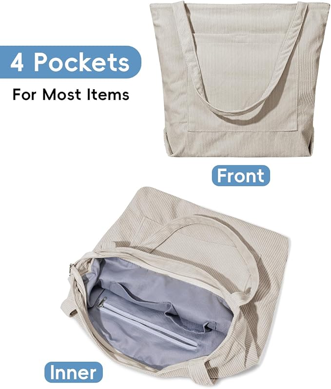Iioscre Corduroy Tote Bag for Women,Hobo HandBags with Zipper | Large Capacity Casual Shoulder Bag with Inner Pockets for Shopping Work Daily Travel. - Image 5