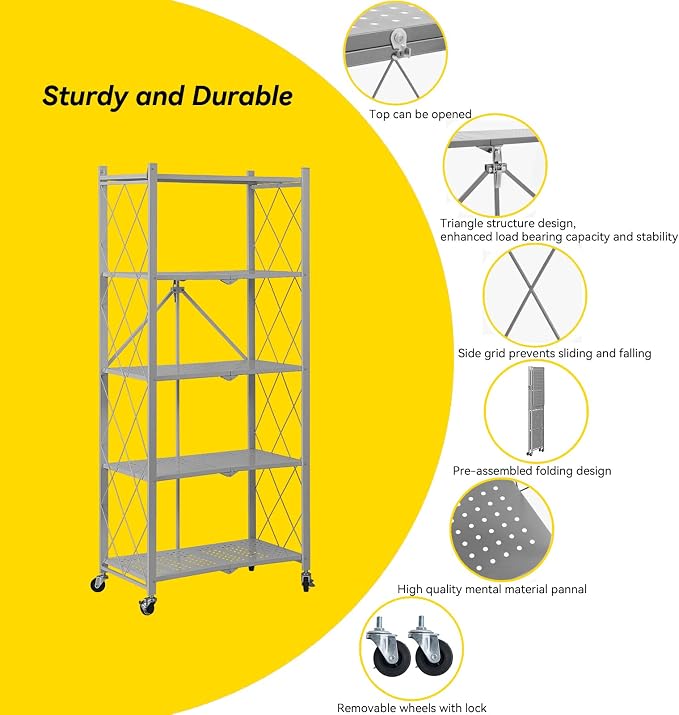 BRIAN & DANY 5-Tier Foldable Storage Shelves with Wheels, Folding Metal Rack Shelving Unit, Heavy Duty No Assembly Organizer Shelf for Garage, Kitchen, Basement, Pantry, Gray - Image 6