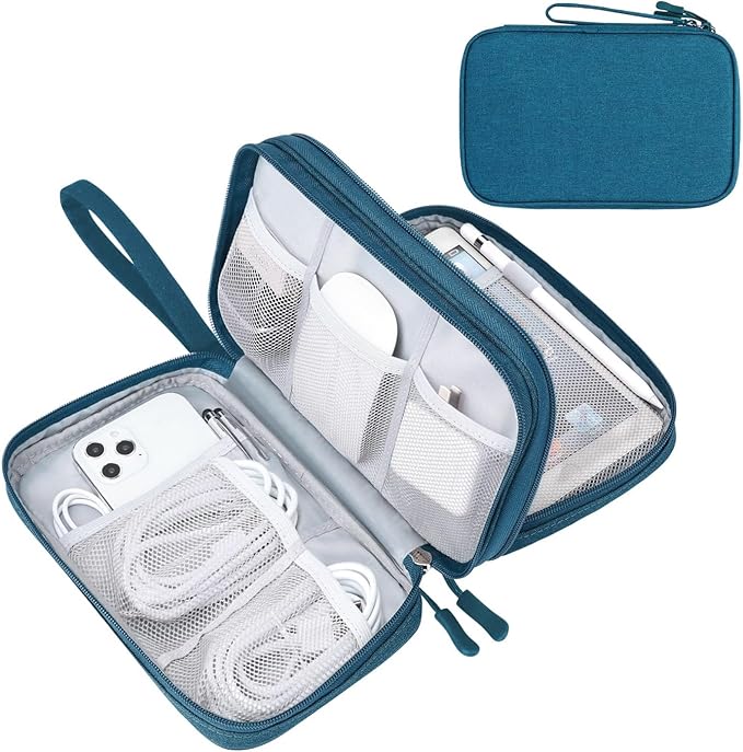FYY Electronic Organizer, Travel Tech Pouch Bag, Large, Dark Green | Wrist Strap, Waterproof, Double Layers Portable Electronics Travel Carrying Case for Cord, Charger, Daily Business Trips Use by FYY