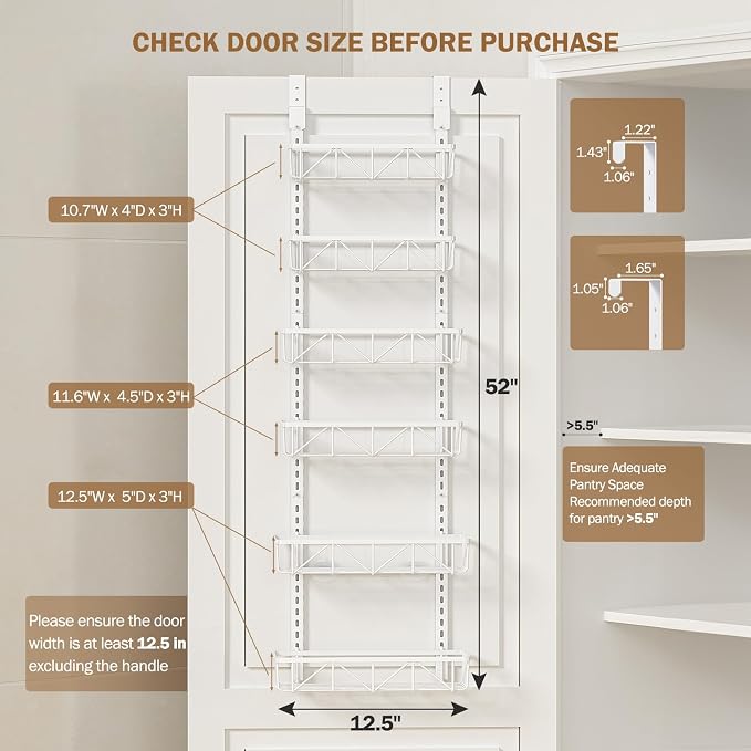 Delamu White Narrow 6-Tier Over the Door Pantry Organizer, Adjustable Metal Hanging Spice Rack, Cabinet Door Organizer for Kitchen, Bathroom, Laundry Room, 12.5 - Image 2