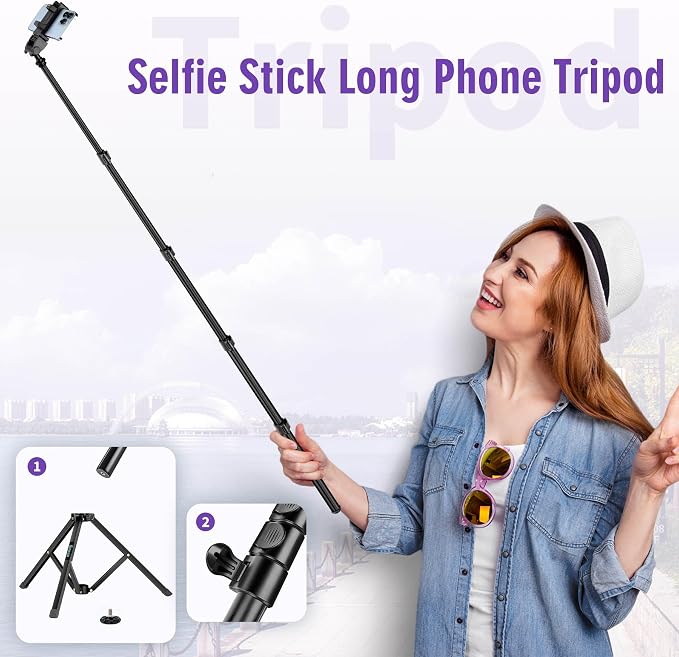 80" Phone Tripod, Selfie Stick, Aluminum Cellphone Tripod Stand | for Video Photo Vlog, Travel Tripods with Gooseneck Remote Phone Holder, Compatible with iPhone Android Smartphone - Image 3