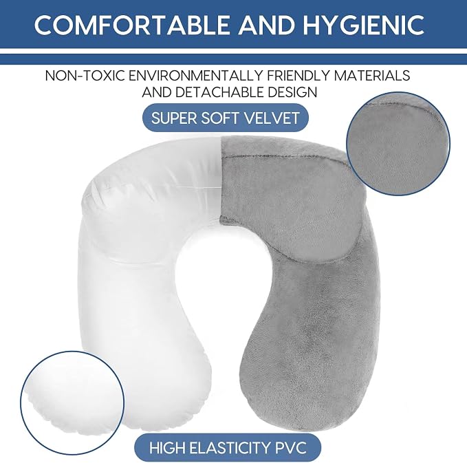 Inflatable Travel Pillow for Airplane Inflatable Neck Pillow for Traveling with Soft Velvet Washable Cover for Sleeping, Airplane,Train, Car, Office, Contoured Eye Masks, Earplugs - Image 5