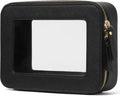 Clear Makeup Bag with Zipper, Women Travel Toilrty Bag Black Medium | Structured Clear Cosmetic Case, Car Essential Organizer Bag, Waterproof PU Leather, Dual Zipper, Wide Opening and Compact by POPVIBE
