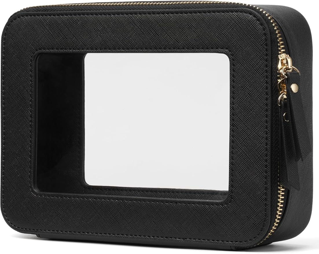 Clear Makeup Bag with Zipper, Women Travel Toilrty Bag Black Medium | Structured Clear Cosmetic Case, Car Essential Organizer Bag, Waterproof PU Leather, Dual Zipper, Wide Opening and Compact by POPVIBE