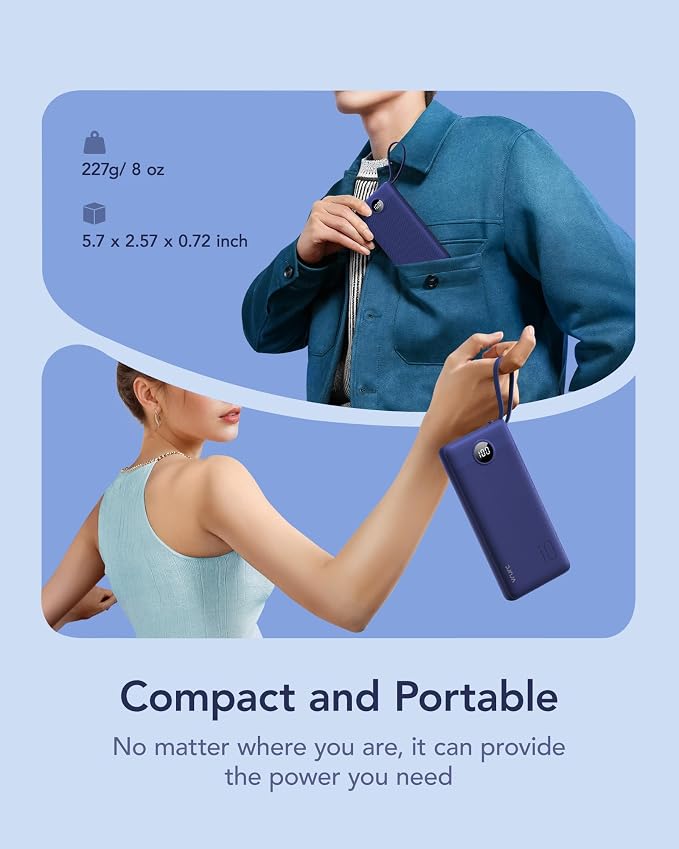 VRURC Portable Charger, Built in 4 Cables & Lanyard Power Bank 10000mAh | Compact USB C Phone Charging Bank 5 Outputs for Multi Devices,Travel Essential for Hiking Camping Business-Navy(1 Pack) - Image 2