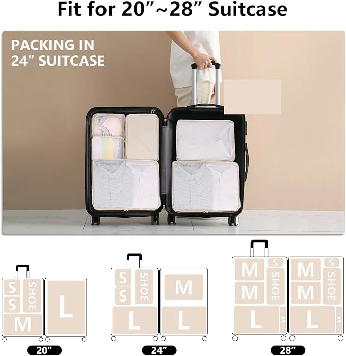 Packing cubes for Travel 6 Set Luggage Organizer Bags Packing Cubes for Suitcases Travel Essentials for Carry on Mesh Suitcase Organizer with Shoe Bag (cream) - Image 6