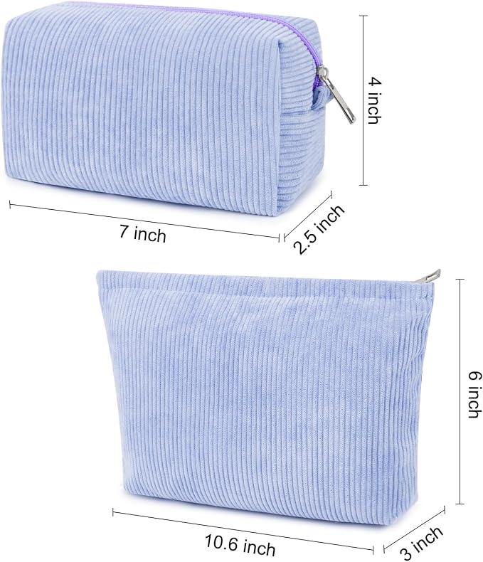SOIDRAM 2 Pcs Corduroy Makeup Bag Large Cosmetic Bag Toiletry Bag Makeup Pouch Travel Bag Organizer Cute Makeup Brushes Aesthetic Accessories Storage Bag for Women Blue - Image 3