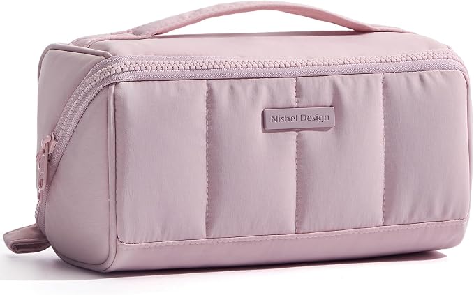 NISHEL Travel Makeup Bag for women, Organizer Pouch Cosmetic Case | Open-flat design keeps cosmetics, brushes, and beauty tools organized for travel and daily routines, Peach-Pink by NISHEL