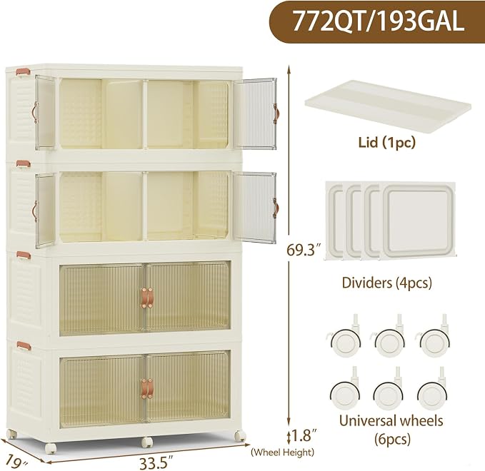 SAILUN 760Qt Stackable Storage Bins,Storage Cabinet with a Lid,4 Pack Cream | Stackable Storage Drawers with Lids,33.5" W x 19" D x 69" H,Featuring open-front Access for Clothes and Closet Storage - Image 5