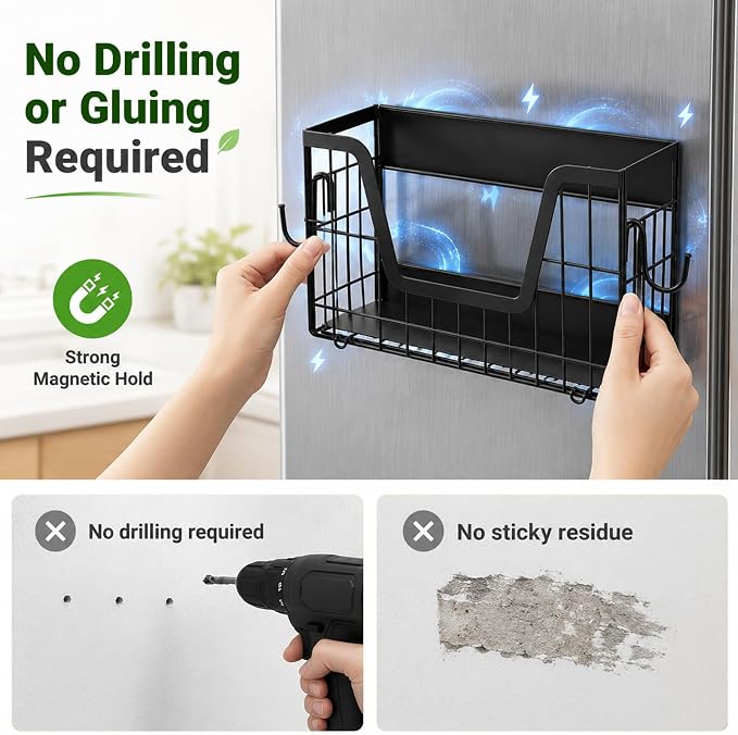 UFORU Magnetic Shelf for Fridge, Strong Magnet Storage Rack for Kitchen | 2 Pack Set, Holds Up to 30 lbs, Spacious Hollow Basket Design, Upgraded Material, Durable Construction, Space-Saving Storage - Image 3