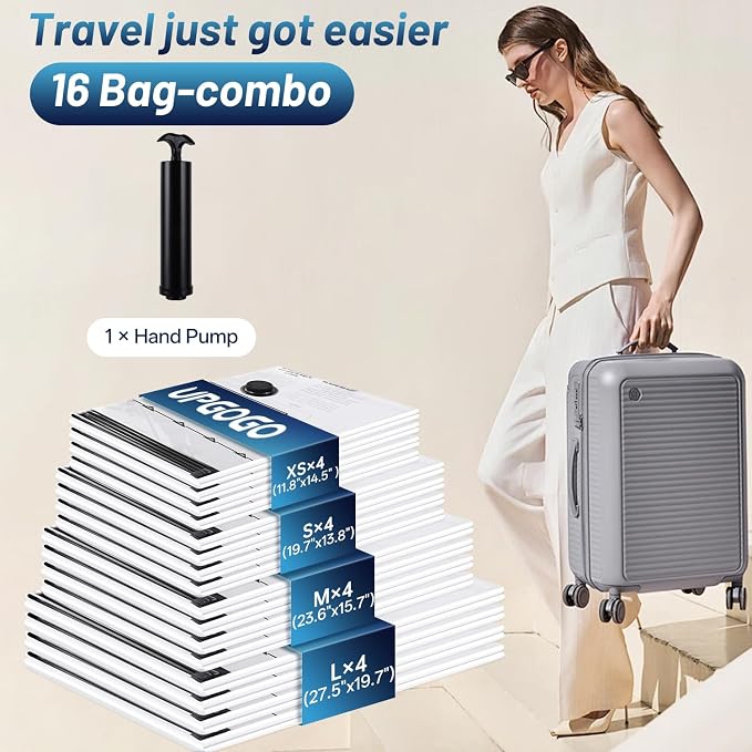 UPGOGO Travel Vacuum Bags for Luggage with Hand Pump,Vacuum Seal Bags for Clothing,Packing Cubes Compression,Cruise Ship and Travel Essentials(Combo 16 Pack) - Image 2