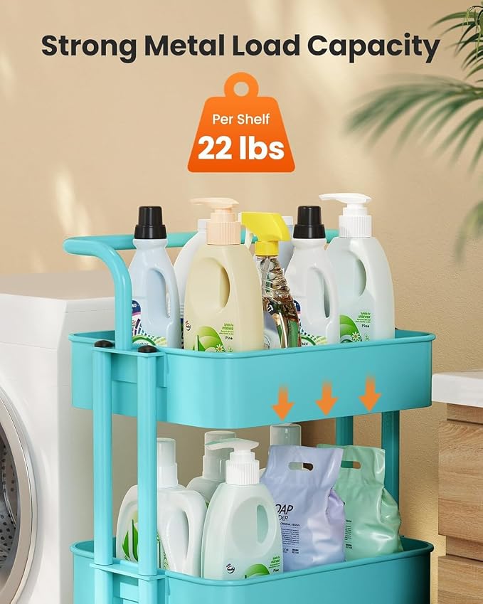 Pipishell Metal 3 Tier Rolling Cart with Handle & Wheels, Turquoise | Four Large 2" Wheels for Easier Movement, Sturdy Metal, Hold 22 lbs per Shelf, Ventilated Mesh Design, for Office and Kitchen - Image 6