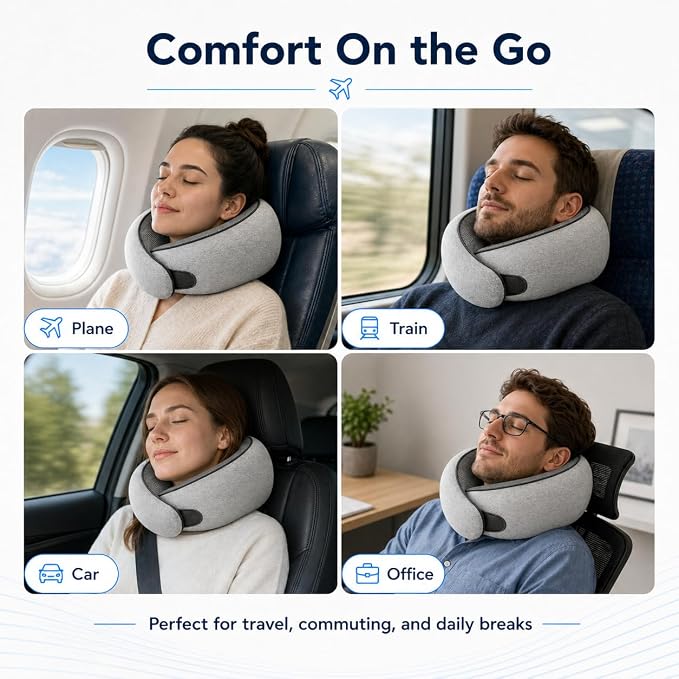 Purroch G-Shape Memory Foam Travel Neck Pillow, Medium Gray | 100% Pure Foam Ergonomic Support for Airplane Flights, Car Trips And Office Naps, Includes Eye Mask and Ear Plugs - Image 8
